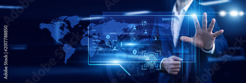 Bild auf Leinwand Techie touch high-tech virtual screen scanning Biometric data on the global map