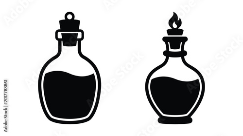 Fotografie bottle silhouettes with stopper and flame black and white