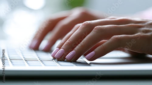 Fingers with pink nails gracefully typing on a modern laptop keyboard