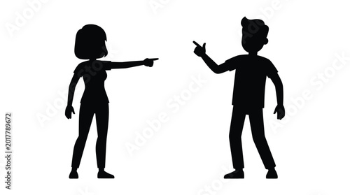 Fotografie man and woman silhouettes pointing at each other on white background