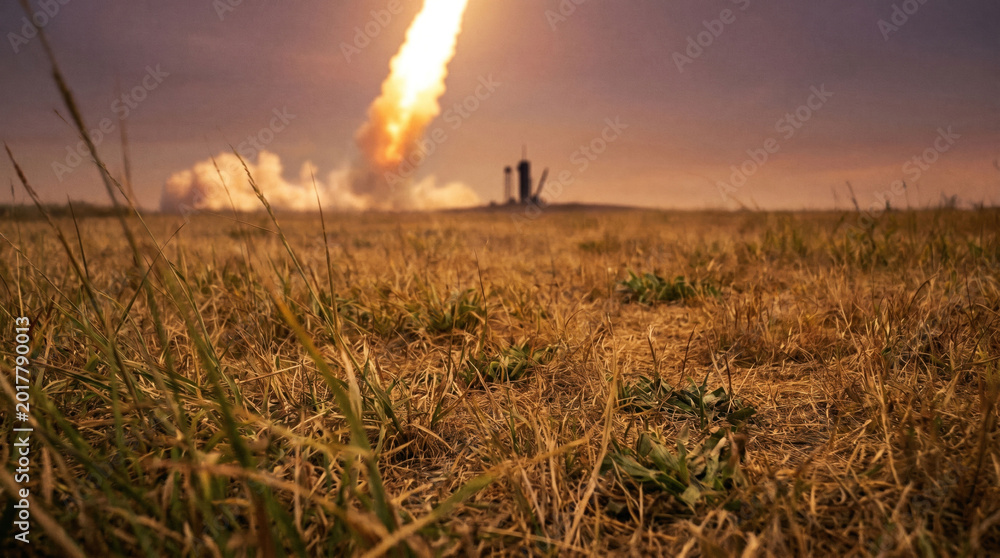 Fototapeta premium Rocket Launch Space Sunset Field Wildflower Flame Sky Exploration Nature Dusk Dramatic
