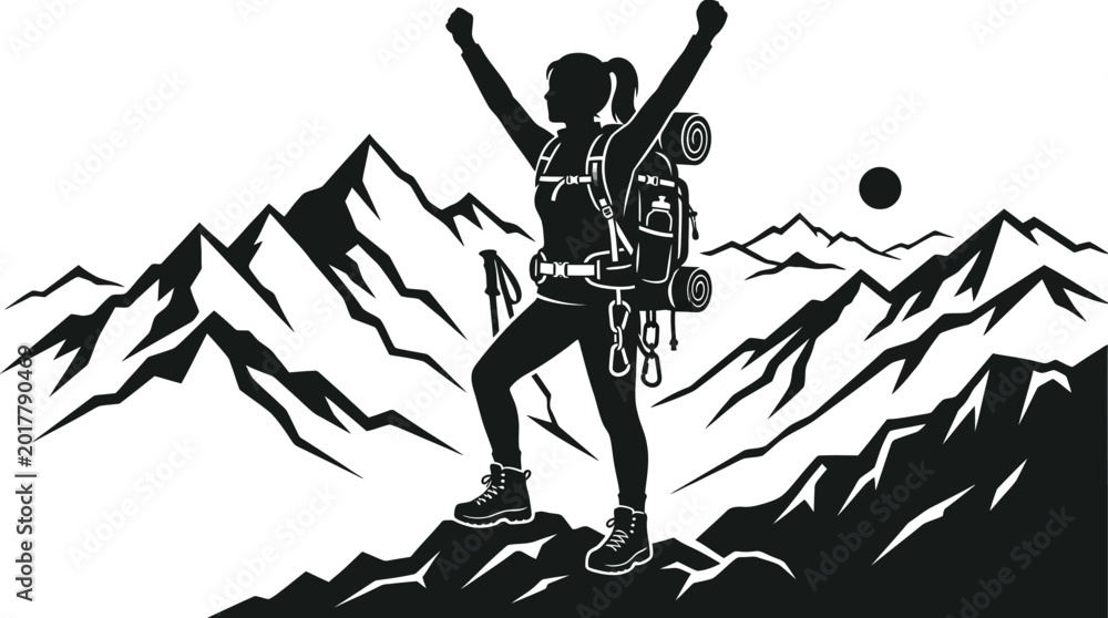 Obraz premium Silhouette of a woman standing on a mountain peak with arms raised