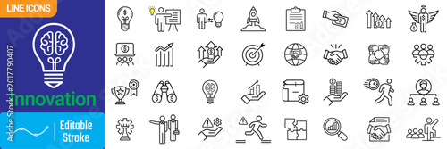 Innovation line icon set. Editable stroke for collection for innovation containing Idea presentation, creative process, startup launch, business plan etc.