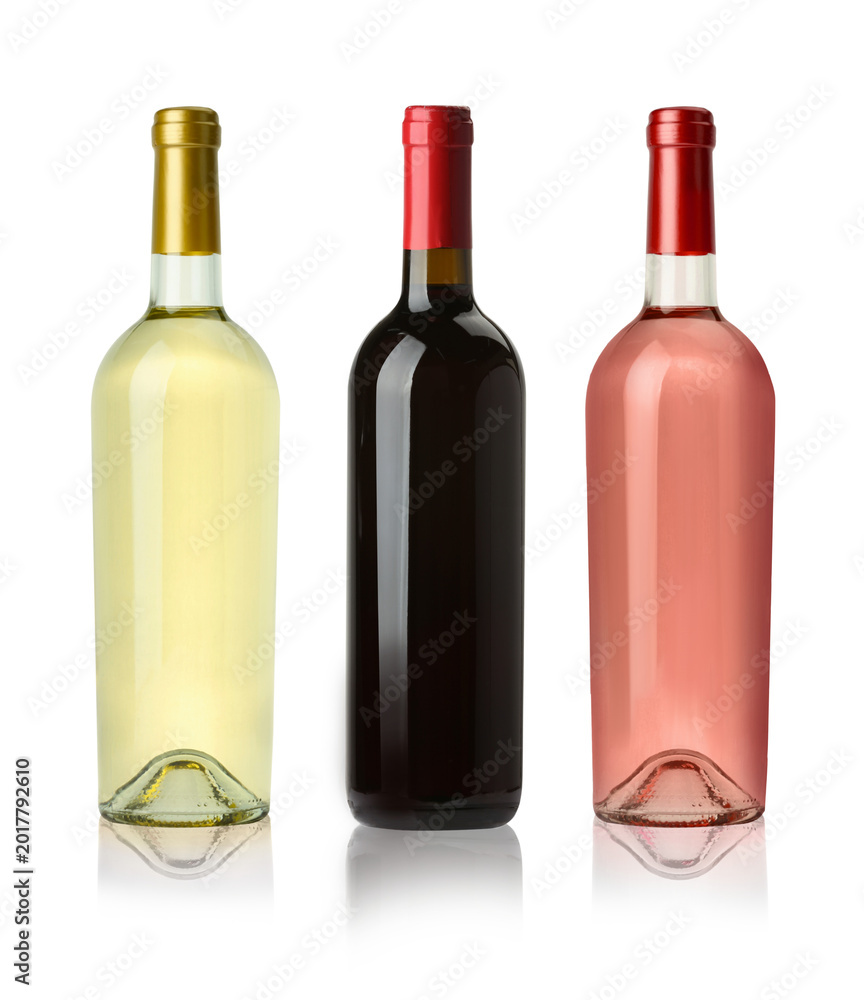 Obraz premium Rose, red and white wine in bottles on transparent background