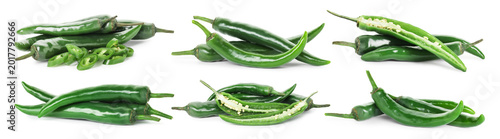 Photography Green chili peppers isolated on white, set