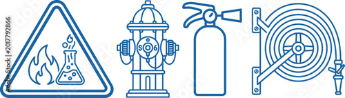 Schilderij op canvas Set of blue fire safety icons featuring a warning sign with flame, a hydrant, a