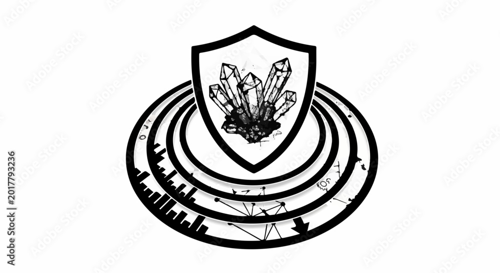 Fototapeta premium Abstract emblem featuring crystals within a shield and circular orbits, symbolizing protection and growth.