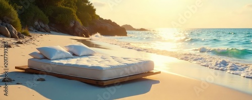 A luxurious mattress, seemingly floating on a pristine beach, bathed in golden sunlight Perfect for relaxation and escapism; a dreamy summer scene , sunshine, sheets