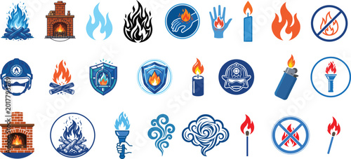 Set of colorful fire and flame icons including candles fireplaces torches and firefighter symbols for safety and design
