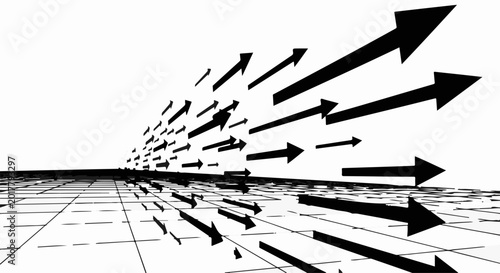 Dynamic array of black arrows moving forward, representing progress and direction.