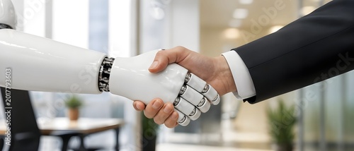 Human Hand Shaking Robot Hand in Modern Office