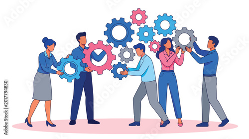 Professional team working together to connect colorful mechanical gears in a collaborative business office illustration concept