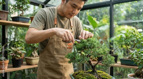 A professional male gardener wearing an apron carefully trimming a green bonsai tree with scissors in a bright sunlit greenhouse.