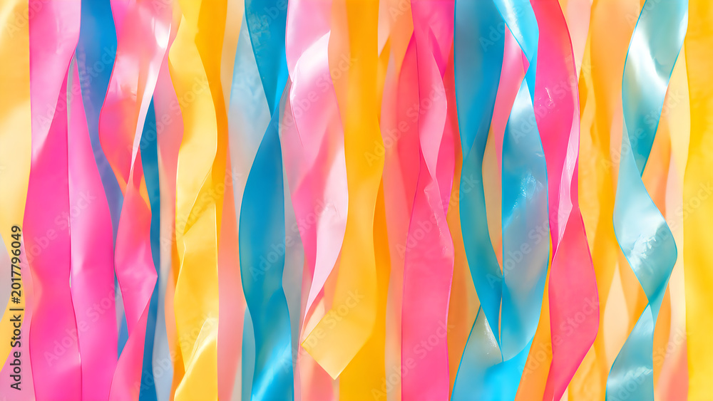 Fototapeta premium Vibrant colorful satin ribbons hanging vertically, festive party streamers background, pink blue and yellow decorative fabric strips for celebration isolated on White Background