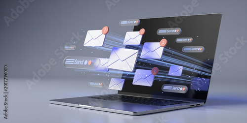 Laptop screen with flying 3D envelopes and light trails representing fast email delivery and newsletter campaigns