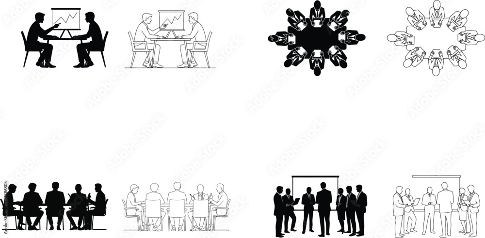 Fototapeta premium Business meeting icon set, corporate teamwork and office discussion silhouettes