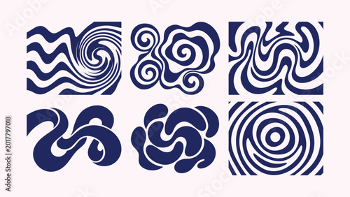 Psychedelic wavy pattern set with abstract liquid swirls and groovy distorted line shapes.