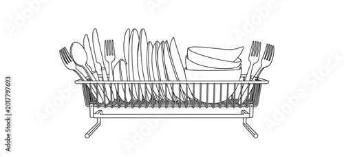 Foto Dish Rack with Cutlery and Plates illustration