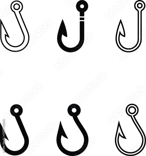 Fishing hook icon set, metal fishhook vector symbols in line and flat style