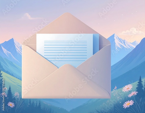 An open envelope contains a lined paper. It is set against a serene landscape of rolling hills and towering mountains