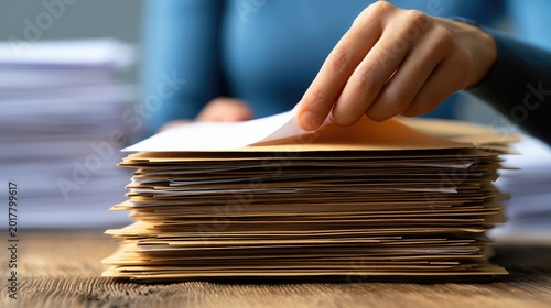 Fingers carefully sort through a large stack of brown envelopes