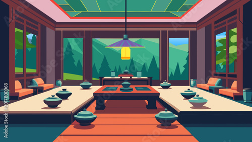 Slika na platnu Tea drinking, oriental house, Asia, tea house, ceremonial hall, nature, meditati