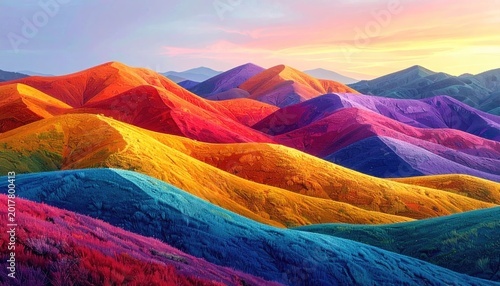 Abstract illustration of colorful mountains and a vibrant sky at sunset