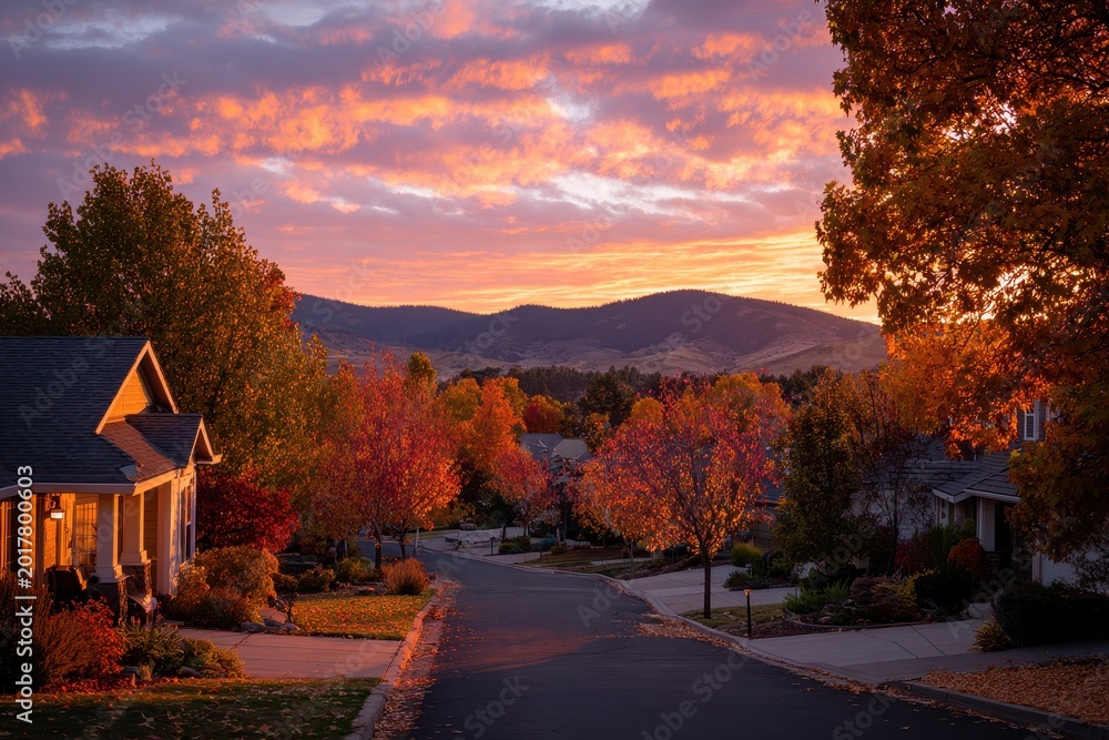 Obraz premium Calm fall evening in the suburbs as sunset bathes the neighborhood in amber