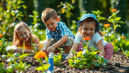 children in a garden planting flowers
