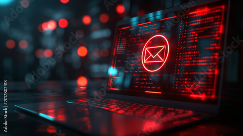 Laptop Screen Displaying Red Glowing Warning Email Icon and Malicious Code representing Cybersecurity Breach Phishing Attack Data Privacy Threat and Hacking Concept.