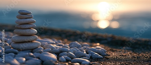 Stacked stones on a sandy beach at sunset with ocean bokeh in background