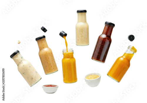 Assorted glass bottles of various sauces and dressings, some pouring and drizzling into small bowls on a clean transparent background