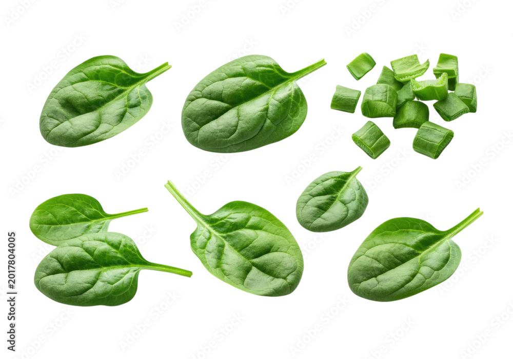 Fototapeta premium Fresh spinach leaves and small diced spinach cubes arranged on a transparent background in an isolated flat lay