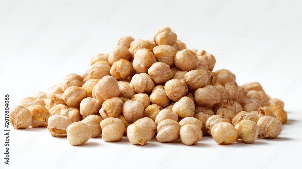 Fototapeta premium Close-up pile of chickpeas on a white background, macro photograph