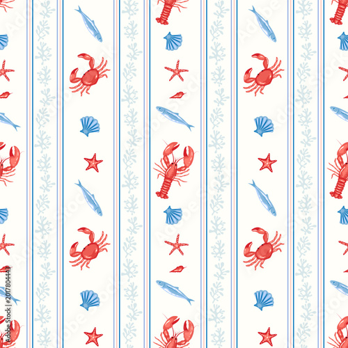 Nautical trendy seamless coral motifs stripe pattern with red crabs, lobsters, blue color shells, fishes and starfish for summer beach design cream background. Coastal style  stationery, seaside decor