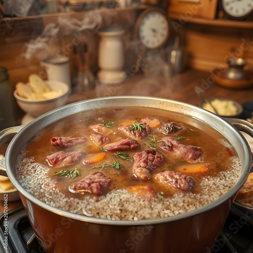 Humeante Sopa Casera de Res con Pan Crujiente y Puré de Papas Cremoso