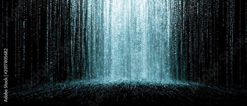 A vibrant cascade of light streaks down into a dark abyss