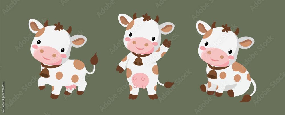 Obraz premium Cute set of happy farm cows waving and having fun. Country cows. Illustration for decoration and stationery