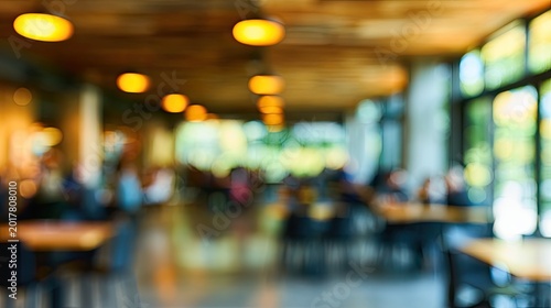 Blurred interior view of a modern cafe with warm lighting and people