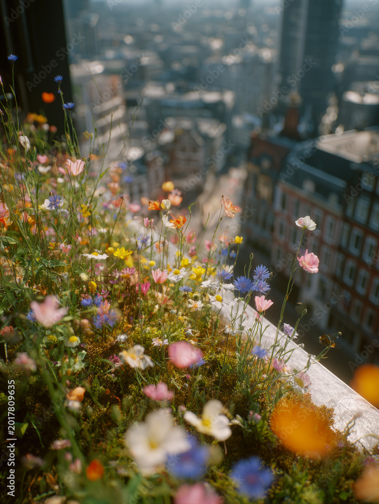 Naklejka premium Colorful Wildflowers Growing on Urban Rooftop Garden Overlooking Blurred City Skyline, Selective Focus on Spring Blooms with Historic Buildings and Skyscrapers in the Misty Background