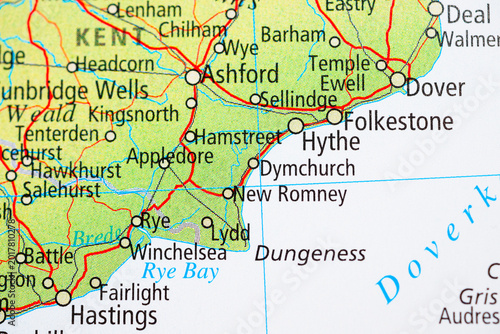 Canvas Print Close up map of Rye and Folkestone Kent England coast.