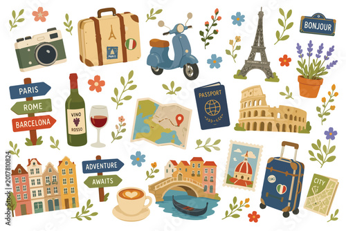 European Vacation Food Landscape Europe Summer Holiday Italy France Spain European Travel Mediterranean Greece Seamless Repeat Pattern Vector Print