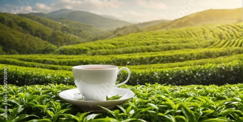 tea leaves, mug, plantations. free space for text
