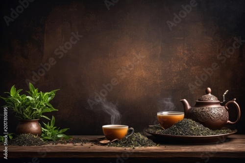 tea leaves, mug, plantations. free space for text