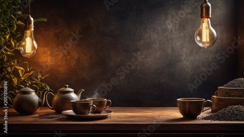 tea leaves, mug, plantations. free space for text