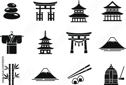 Canvas Print Japanese tradition silhouette flat vector illustration featuring torii gate, pag