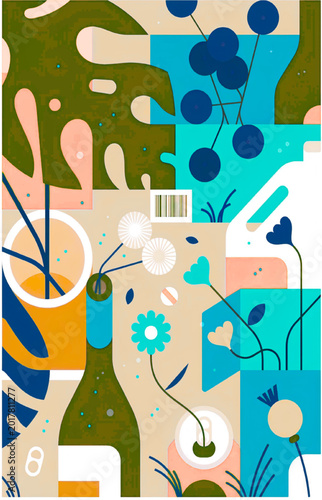 Handcrafted collage of botanical elements and gardening tools on textured paper background