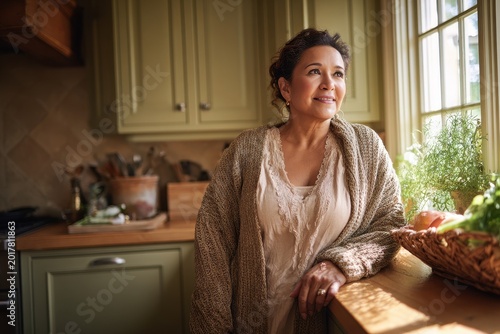 Contemplative Hispanic woman in a warm kitchen imagining a home-cooked meal