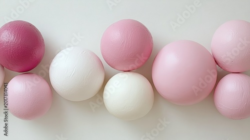 Various round balls in shades of pink and white are arranged in a line
