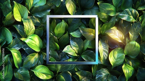 Green leaves surround a square frame on a sunny day in a garden